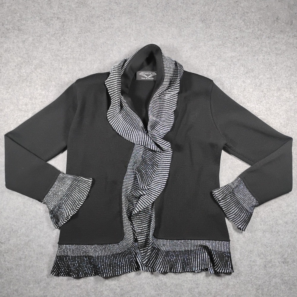 Angel Design‎ By Sabri Ozel Cardigan Women S Black Metallic Silver Ruffle Knit